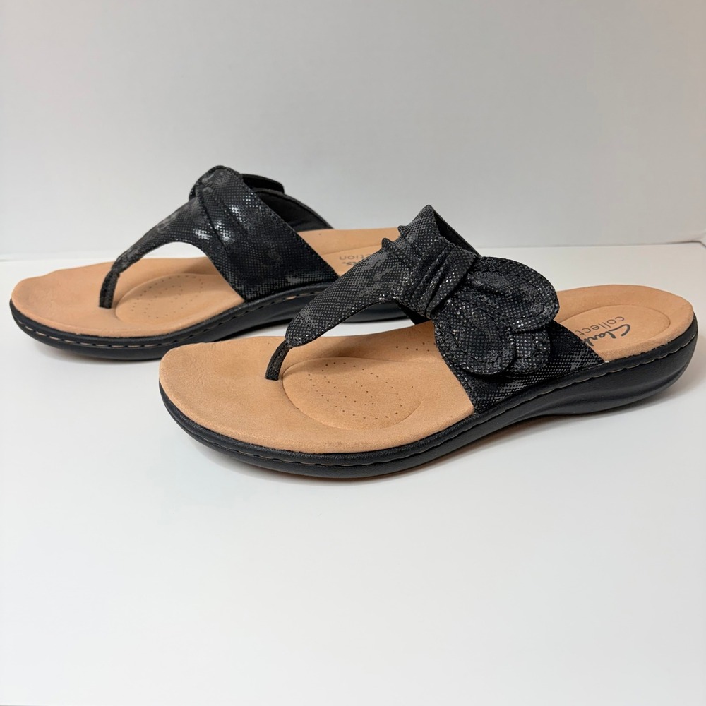 Clarks Laurieann Rae Black Snake Print Comfort Thong Sandals Womens 7.5 - Picture 2 of 7